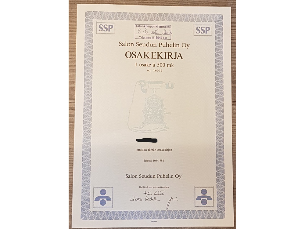 Salon Seudun Puhelin Oy osakekirja no 16072