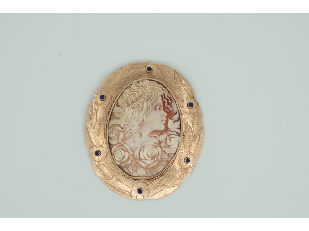 Kamee br.66,59g/14 ,rintaneula/riipus, ketju ei kultaa. Leveys 9cm ja korkeus 10,5cm. Kameen taakse nimi kaiverrettu.