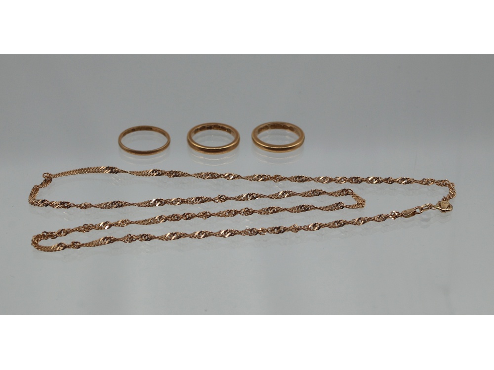 3 sormusta 10,00/18k ja ketju 8,01g/14